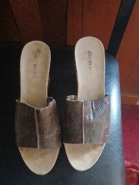 Nine West Brown Snake-Print Slide Mules